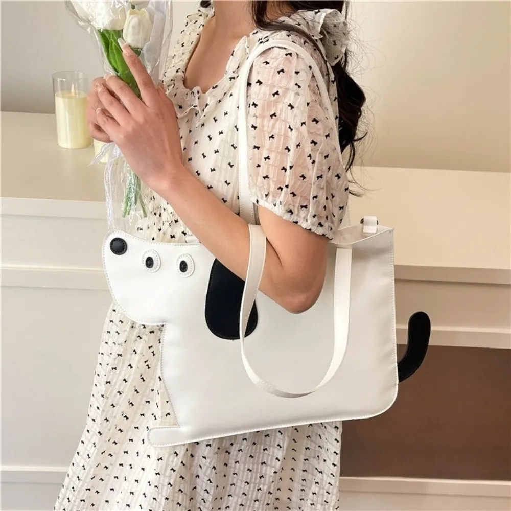 

Office Worker Tote Korean Style Puppy Tote Bag PU Leather Large Capacity Black Cat Flat Bag Animal Cute Kitty Handbag Women