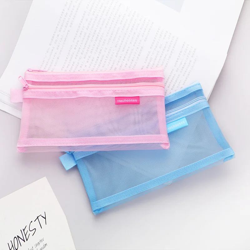 Simple Transparent Double Mesh Bag Pencil Case Office Student Pencil Cases Nylon Kalem Kutusu School Supplies Pen Box