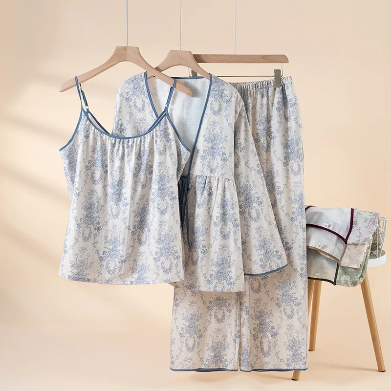 Women's Spring  Summer Thin Cotton 3-Piece Set with Ink Painting Design Long Pants Straps Oversized Cardigan and Bathrobe