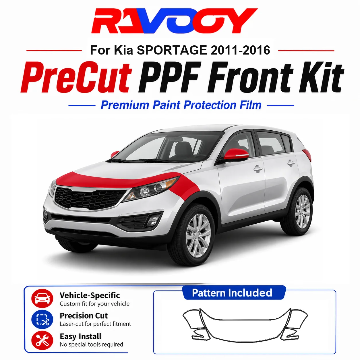 Kit de Película Protetora (PPF) Pré-Cortada de TPU 8.5mil para Kia SPORTAGE 2011-2016 - Conjunto para Capô, Para-lamas e Espelhos - Película Transparente Autorregenerativa