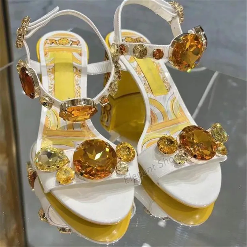 

Summer New Bohemian Rhinestone Gem Thick Heel Sandals Crystal Yellow White Prints Ankle Buckle High Heels Party Ladies Shoes