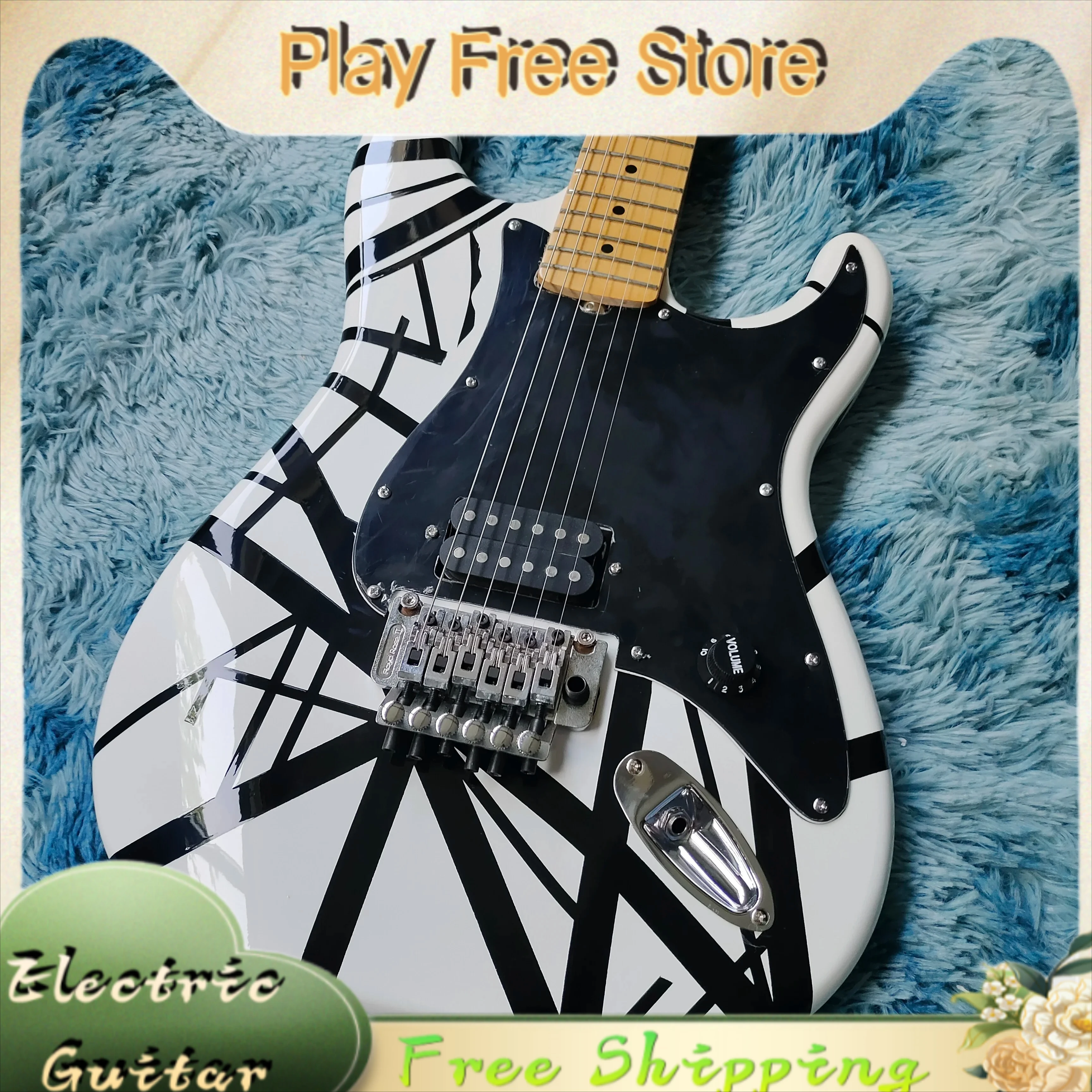 STR Black White Stripes Electric Guitar  Maple Wood Fingerboard Fixed Six Nail Bridge Black Guard Plate Hot Sale Free Shipping