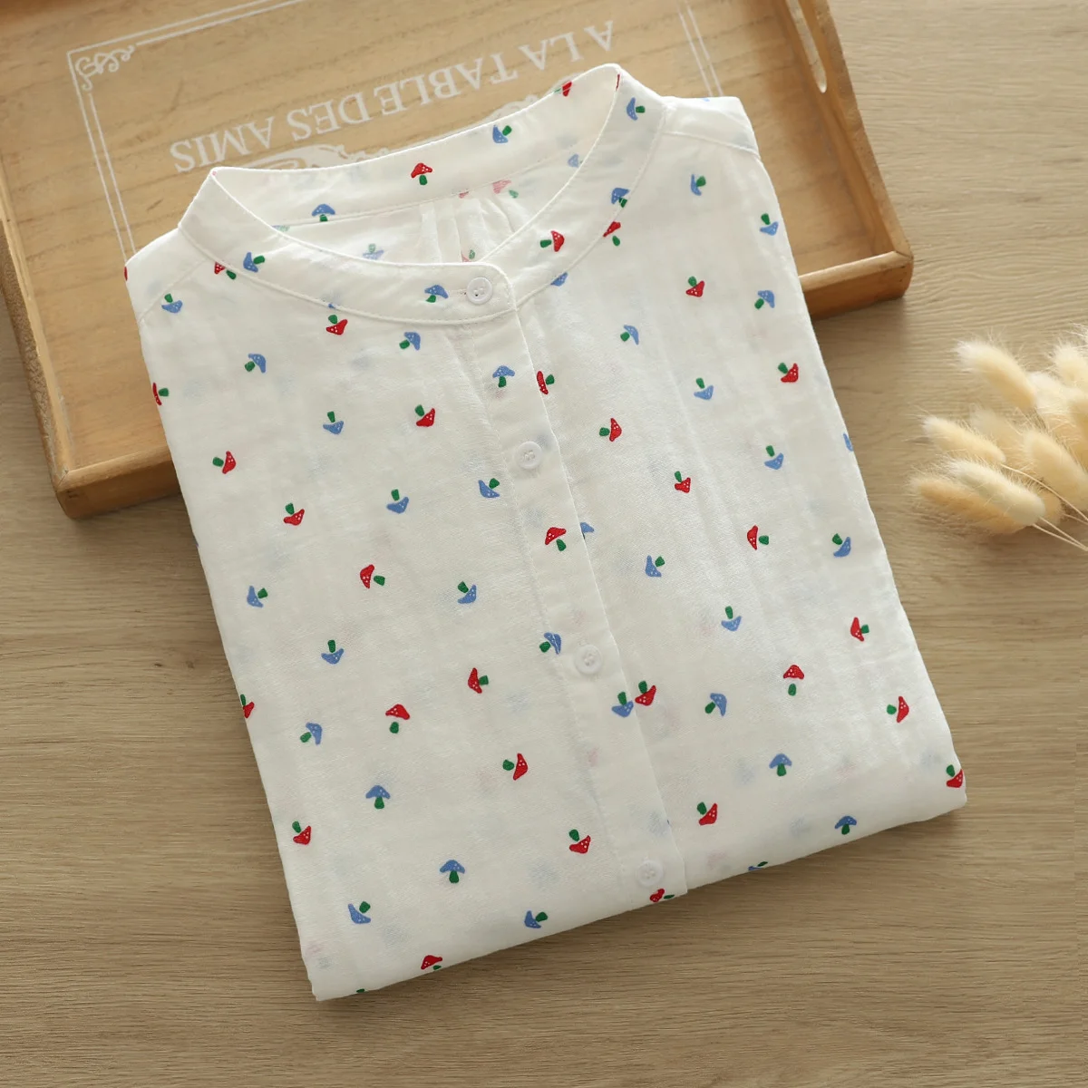 Summer blouses for women 2024 bat sleeve white mushroom printed shirts Japan style 100% cotton yarn big size women\'s blouse