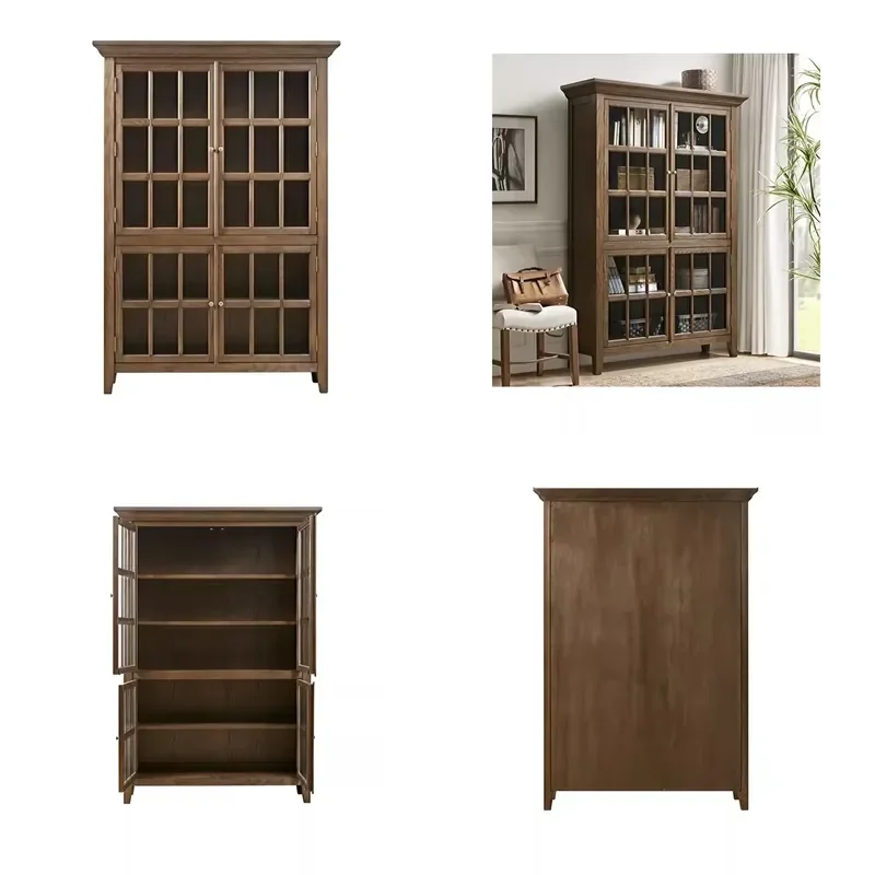 R American Country Retro Solid Wood Bookcase, Home Dust-proof Glass Door Bookcase, Wall-mounted Study Storage Cabinet, Shelf