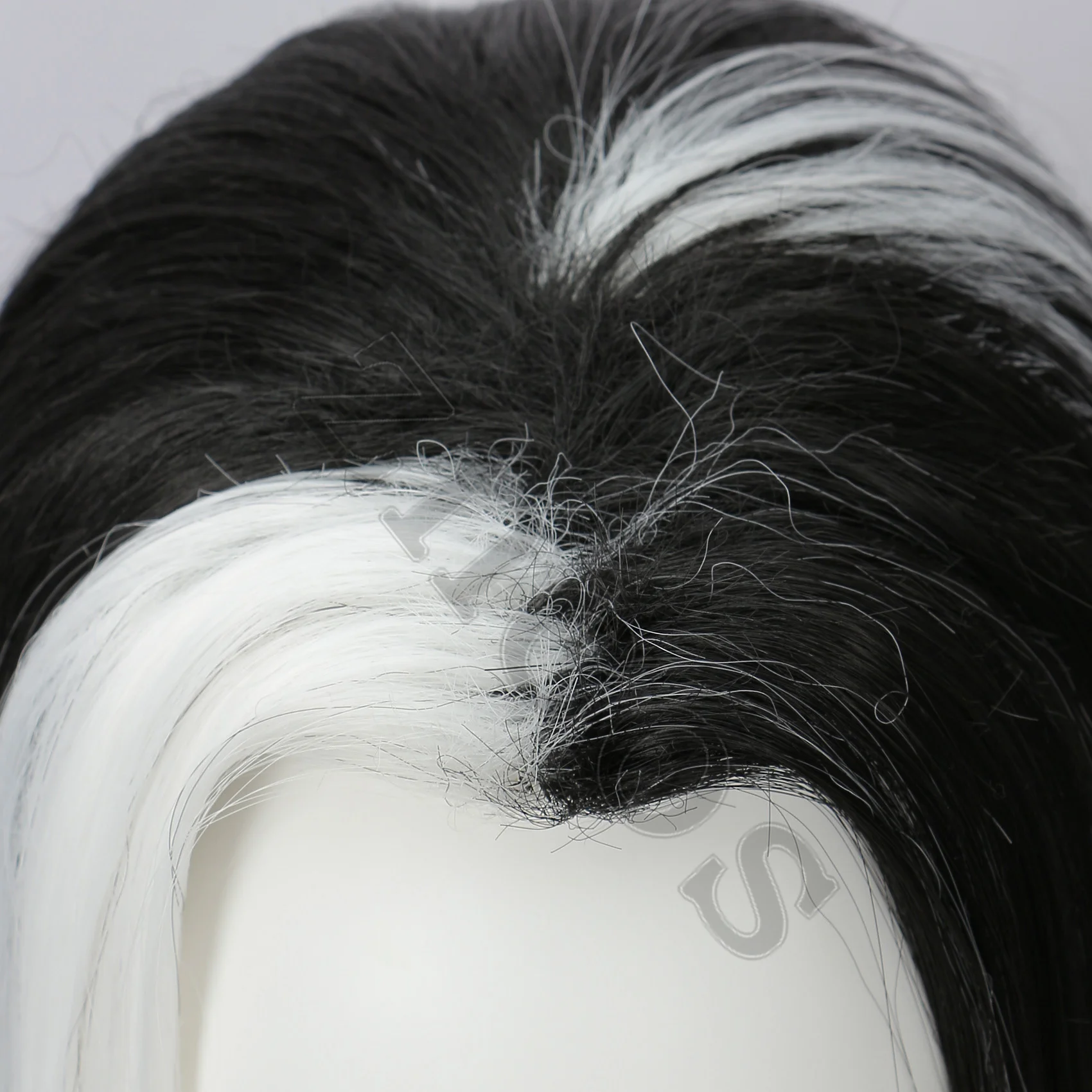 Tzncos – perruque longue et lisse noire et blanche, cheveux longs avec raie au milieu, reflets blancs, Costume de fête d'halloween