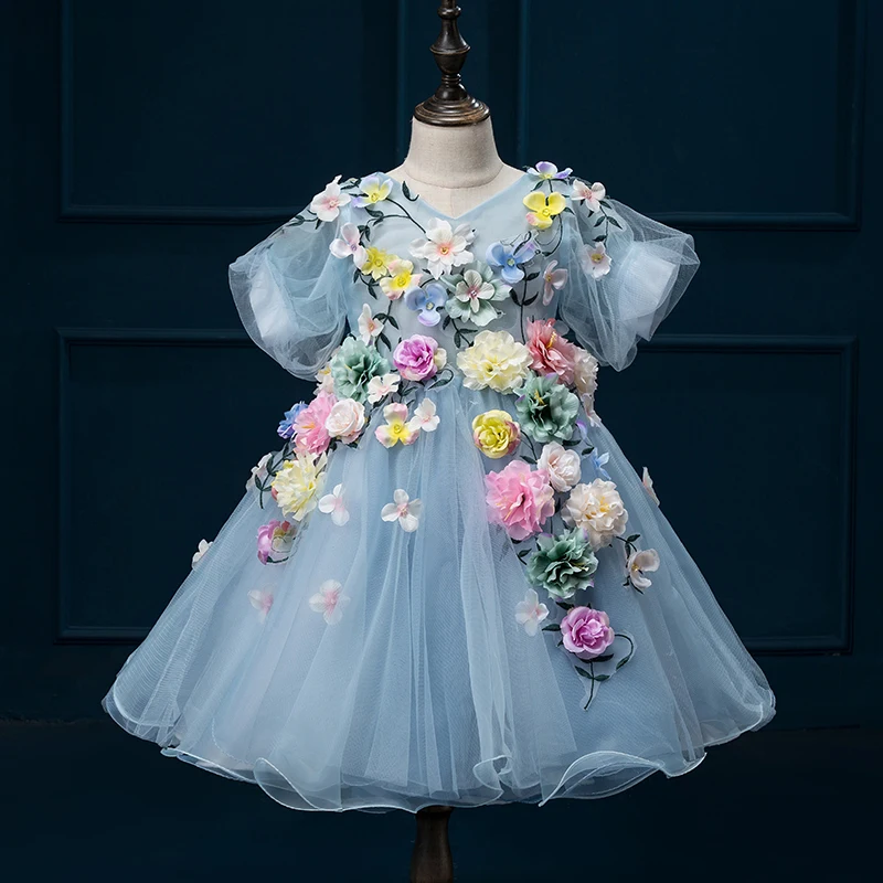 

Flower Girl Dress V Neck Short Sleeve Handmade Flowers Ball Gown Girls Birthday Party Dresses Applique Formal Girls Dress