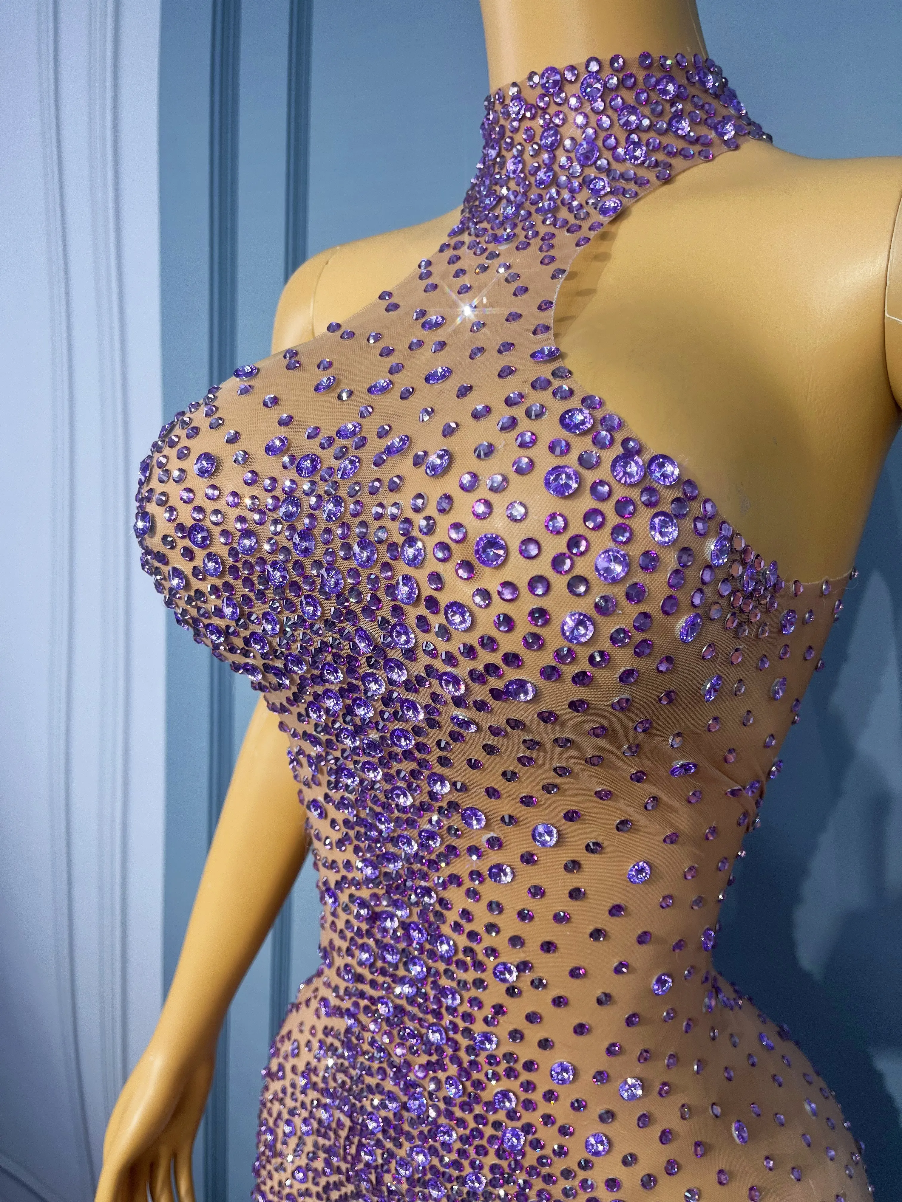 High-end Blingbling Rhinestones Sexy Nude Mesh Trim fiit Dress Women Dancer Show Costume Evening Party Elegant Gown Jianbian