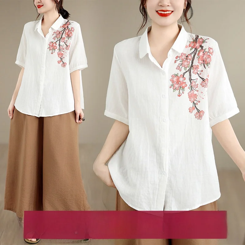 

Summer New Style Artistic Loose Casual Versatile Short Sleeve Printed Open Cardigan Base Shirt Women's Cotton Blend