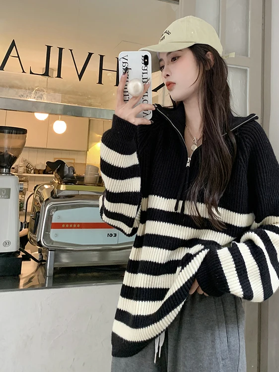

Свободный вязаный свитер в полоску на молнии, женский осенне-зимний новый дизайн, верхний топ с высоким воротником, длинная вязаная основа све