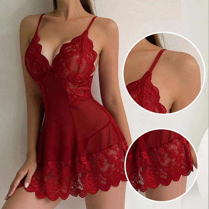 Chemise de nuit sexy en dentelle transparente pour femme, jupe courte camisole, col en V, fleur brodée, robe couvertes