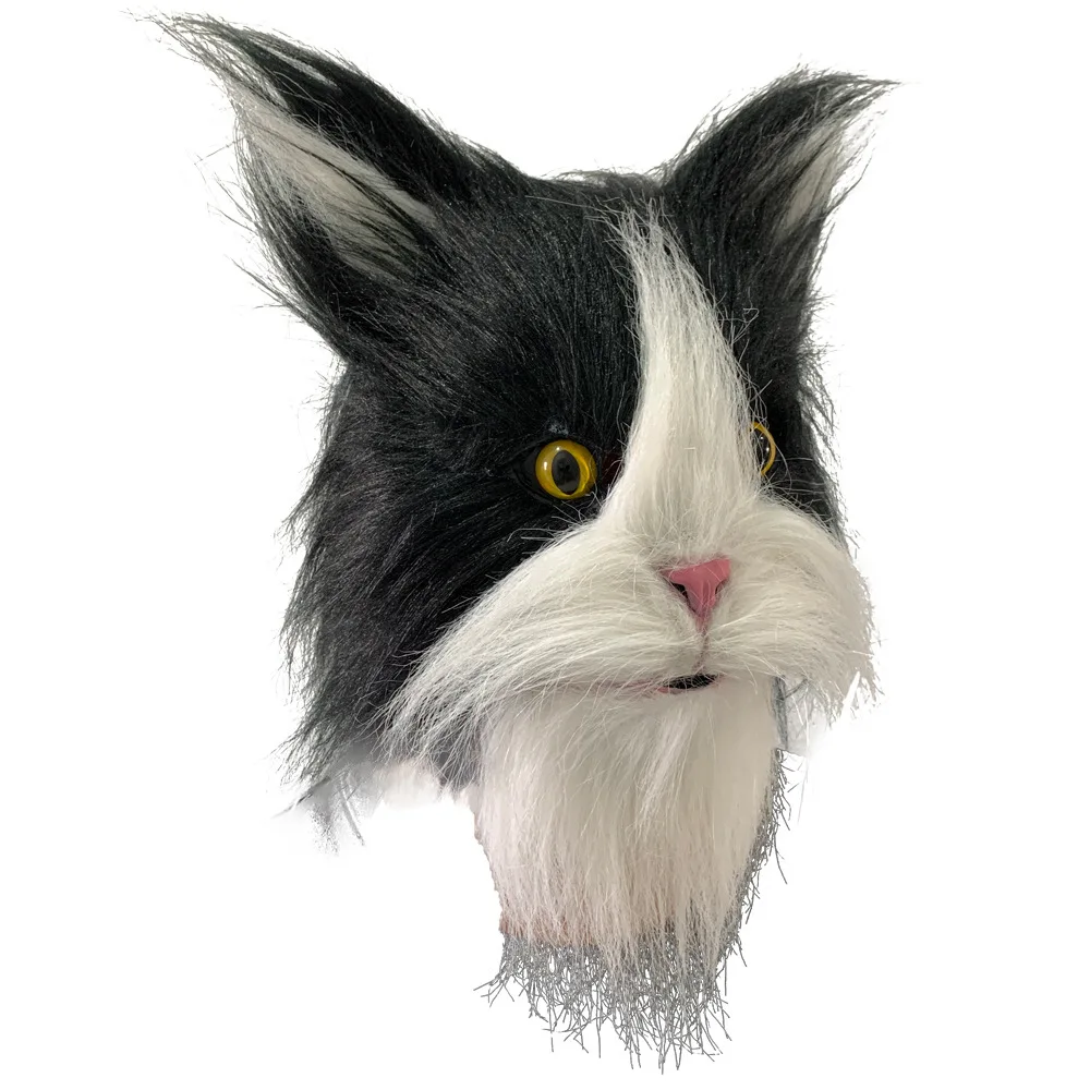 Realistische Flauschige Katzenmaske, Schwarz-Weiße Pelzige Tier-Vollkopfmaske, Latex-Katzenkopfmaske für Halloween, Cosplay und Maskenpartys – Detail 5