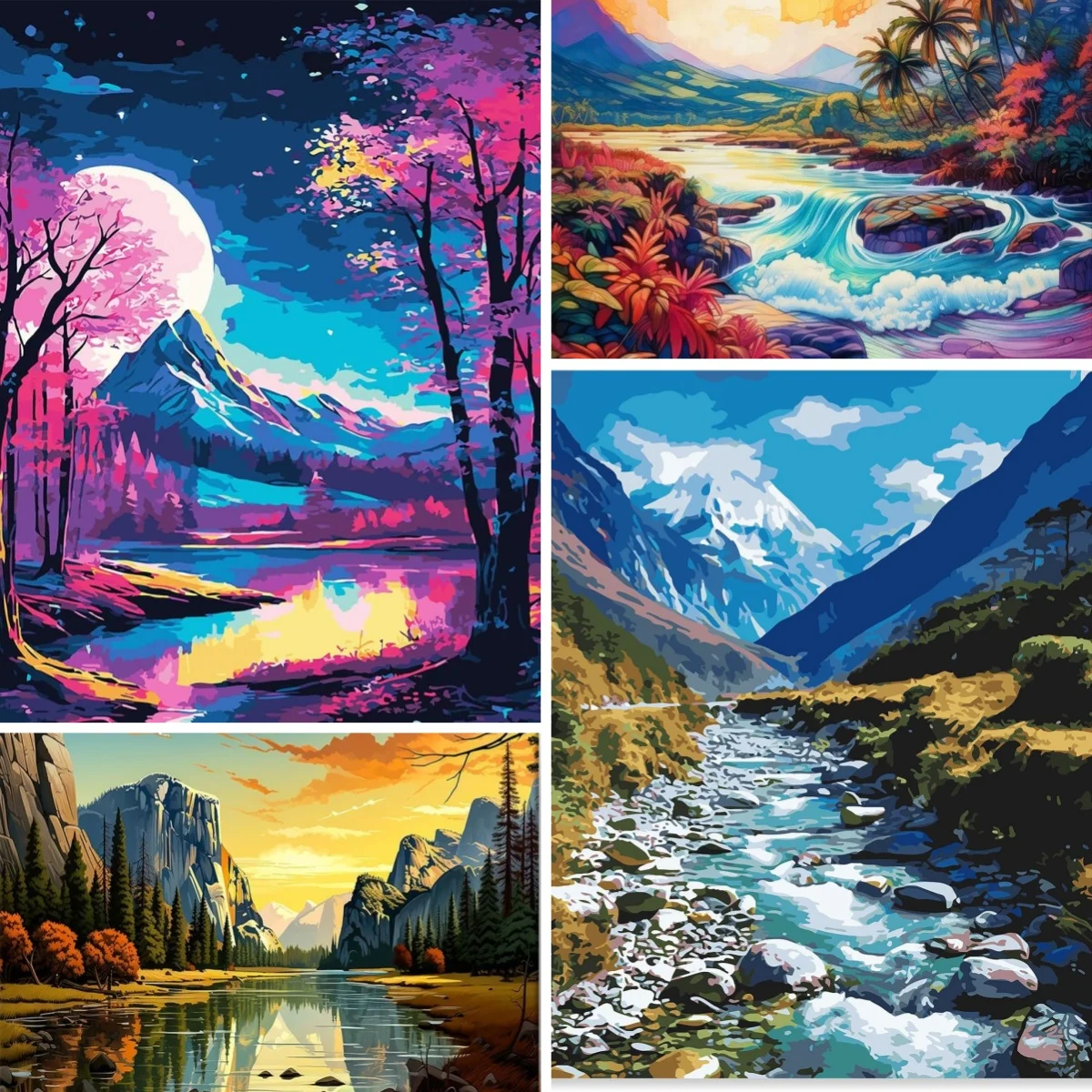 

5D DIY Diamond Painting Full Drill Scenic Mountain River Wildflower Landscape Picture of Rhinestone Mosaic Home Decoration