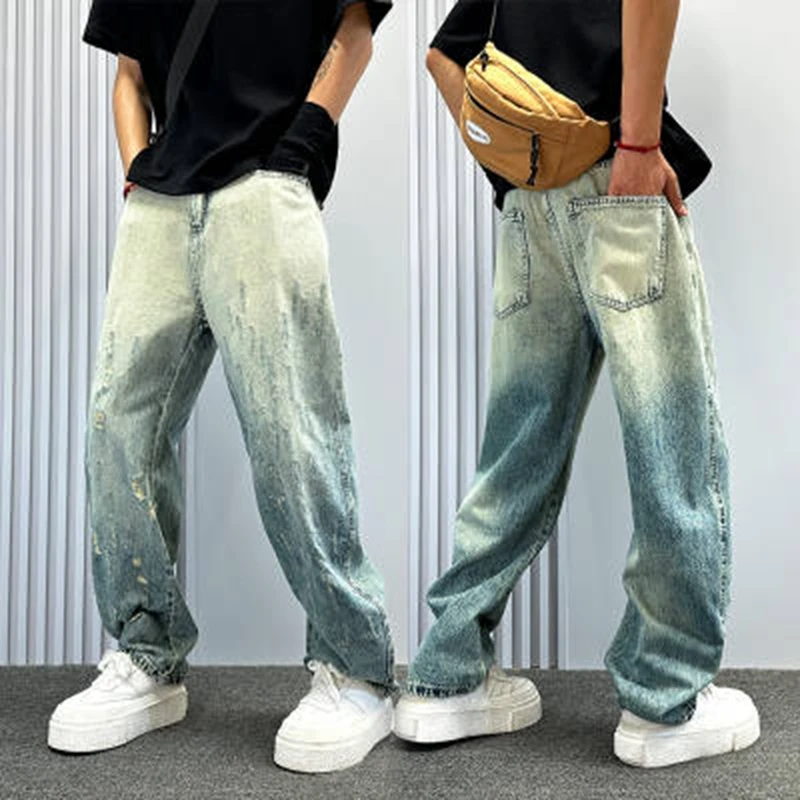 Spring 2026 Washed Men's Loose Straight Leg Jeans  American High Street Knife Cut Long Trousers Casual Breathable