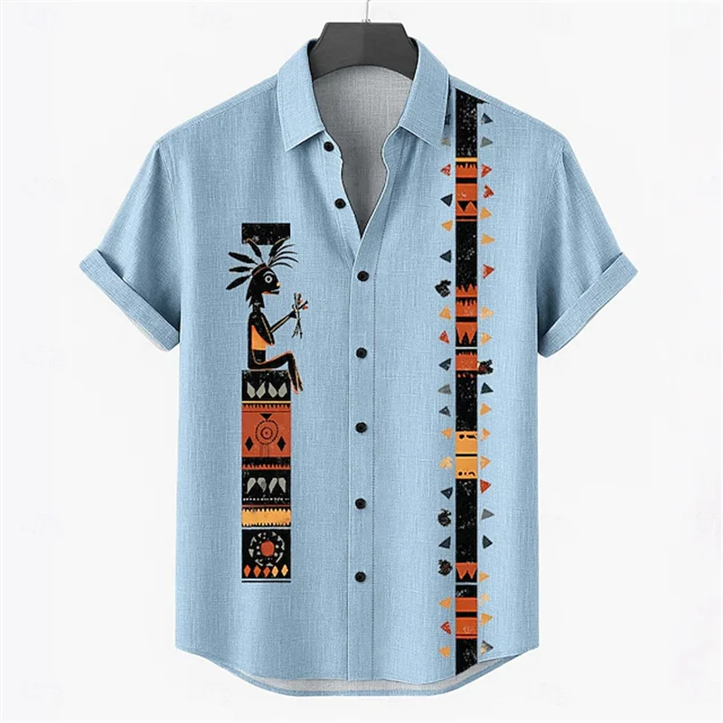 

2025 new men's retro style casual shirts men's tops with tribal prints, short-sleeved casual beach shirts, Hawaiian style shirts