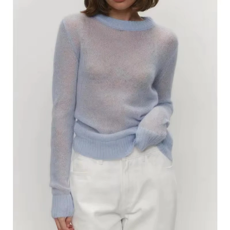 2026 Summer and Autumn New Thin Sweater Blouse Perspective Basic Knitted Sweater Candy Color