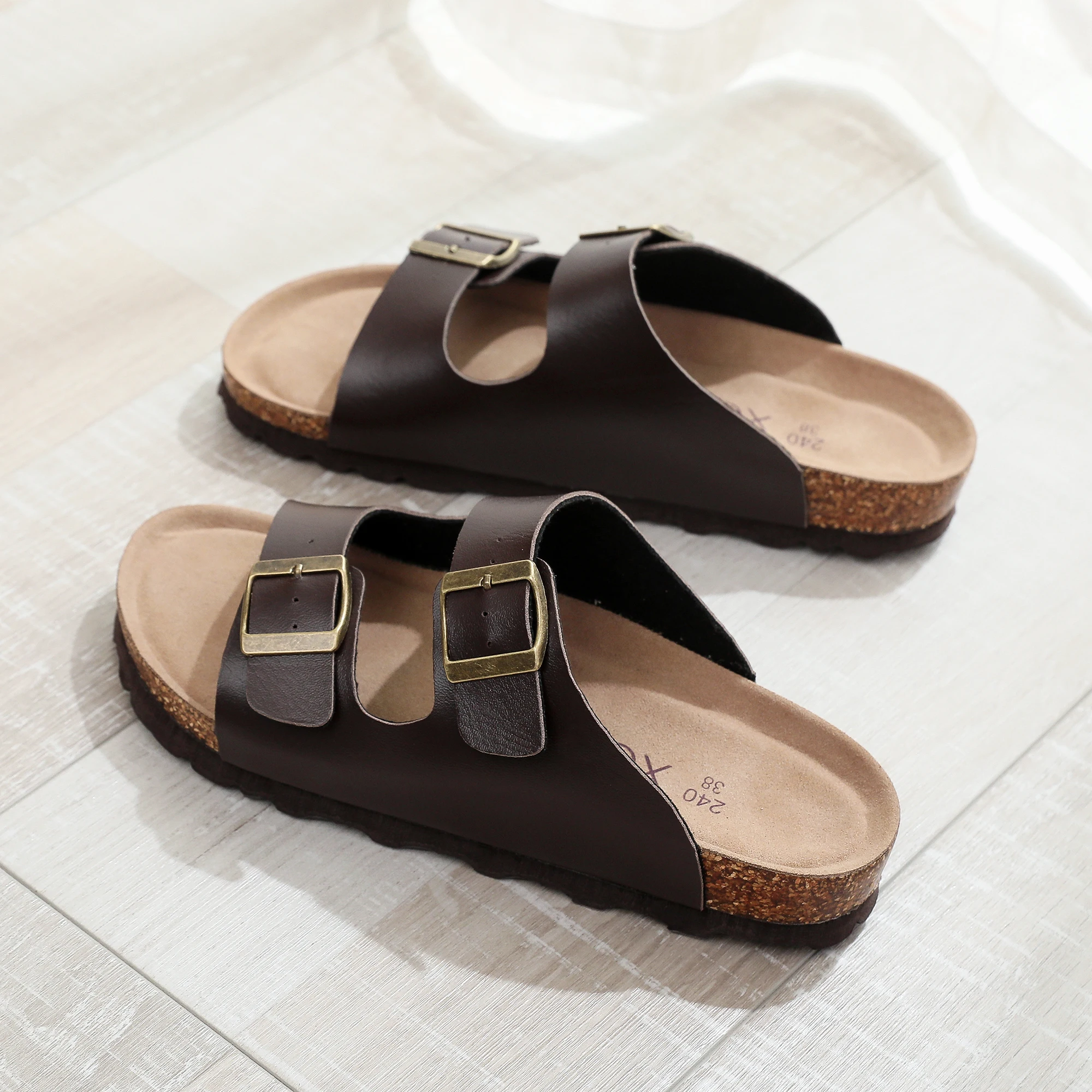 Birken Women's Flat Slide Sandals - Arch Support, 2 Strap, Cork Footbed, Non-Slip, Adjustable Buckle, All-Day Comfort view 3