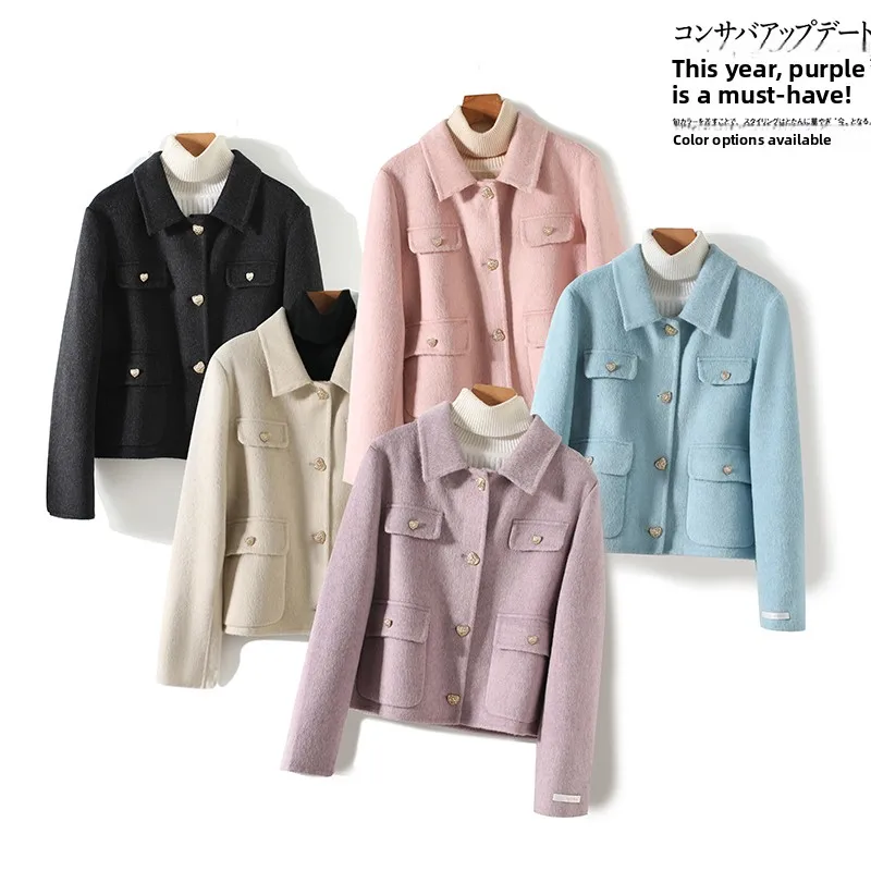 

Fall Winter Short Loose Woolen Coat Metal Heart Buckle round Neck Double Face Women's Commute Straight Tube Long Sleeve Coat