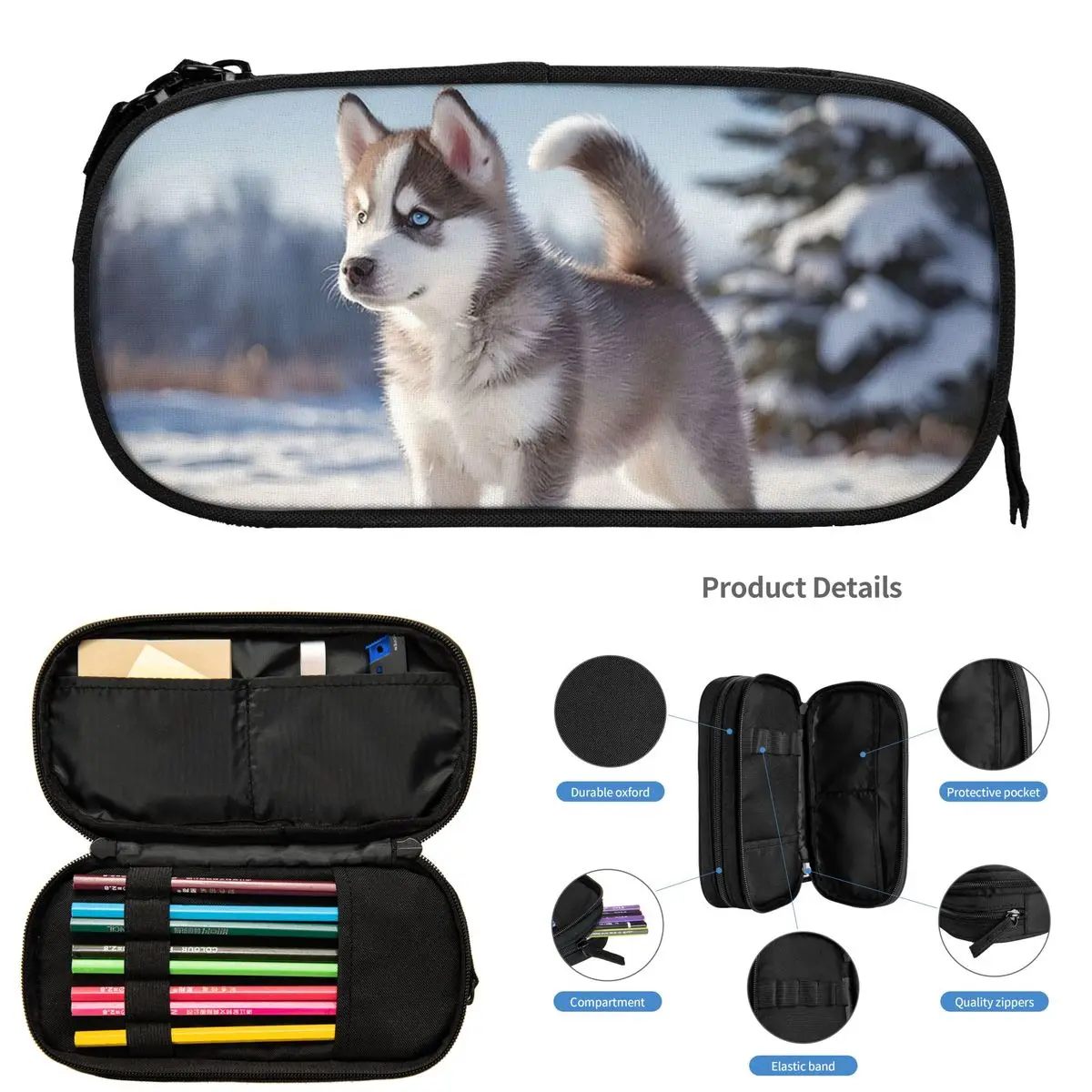 

Чудесный пенал с изображением хаски в снегу для школьников, школьная коробка для ручек, большая сумка для хранения карандашей, пенал-органайзер, держатель для ручек
