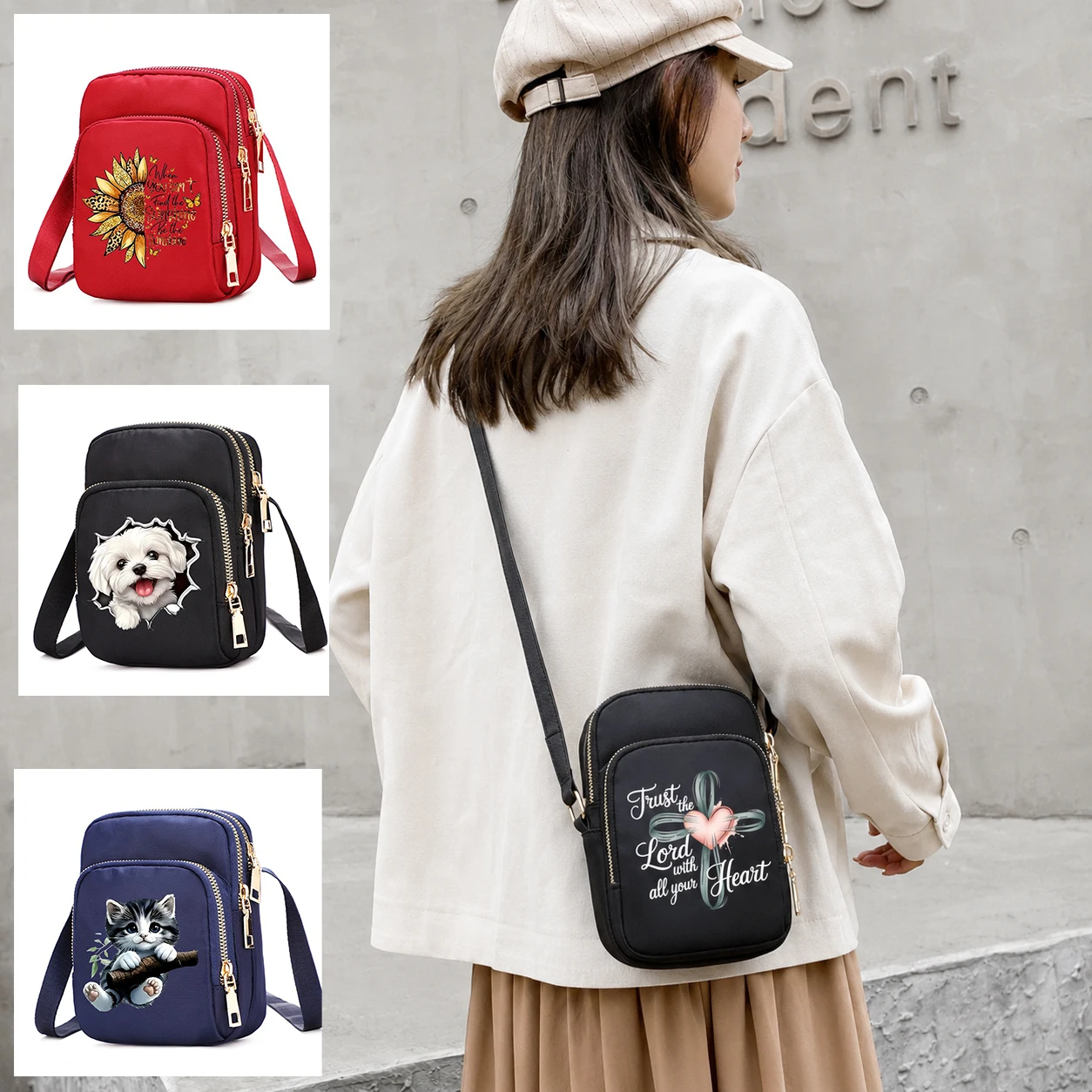 Cute Cat Dog Cross Heart Faith Quote Women Shoulder Bags Cell Phone Purse Crossbody Strap Handbag Girls Bags Teenagers Bag Gift