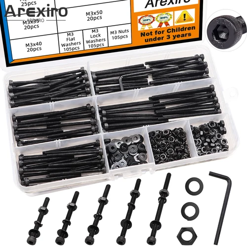 Imagen 1 del producto 420 tornillos negros M3 con cabeza hexagonal Allen, M3 x 30/35/40/45/50mm, Kit combinado de arandela de tuerca de perno de tornillo métrico, acero de aleación de grado 12,9