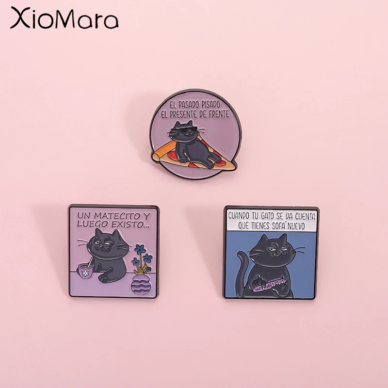 Niedliche schwarze Katze Emaille Pin Spanisch humorvolle Phrasen Brosche Revers Rucksack Abzeichen Schmuck Geschenk