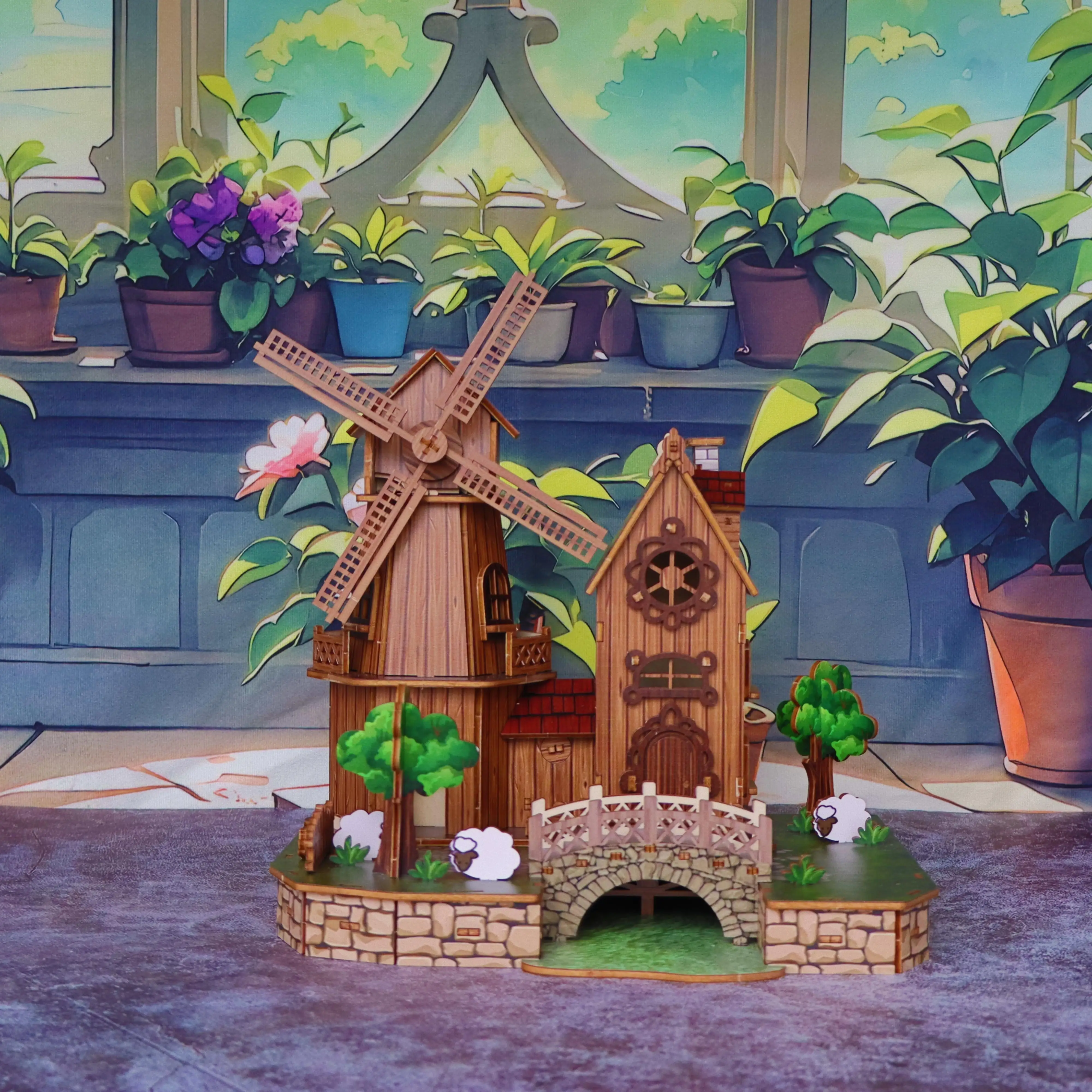 Parque de moinho de vento de quebra-cabeça de madeira 3D, modelo de cena de simulação de estilo pastoral, brinquedo de montagem DIY feito à mão, interação de lazer pai-filho