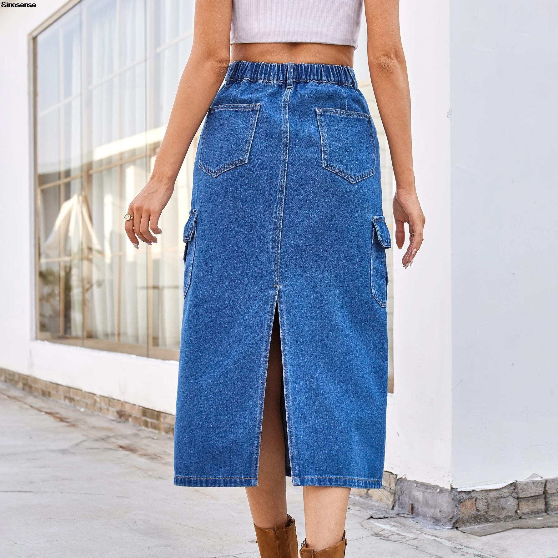 Frauen Denim Cargo Röcke elastische Taille Split Back Midi Bleistift Rock y2k ausgehen Straße langen Jeans rock mit Cargo taschen