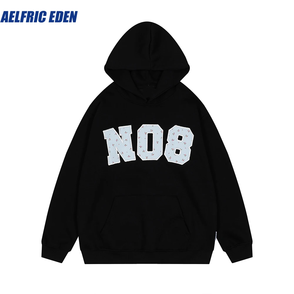 Aelfric Eden Blumen stickerei Nummer Hoodie Sweatshirt Mode Streetwear Y2k Hip Hop lose Baumwolle Kapuze Harajuku Tops