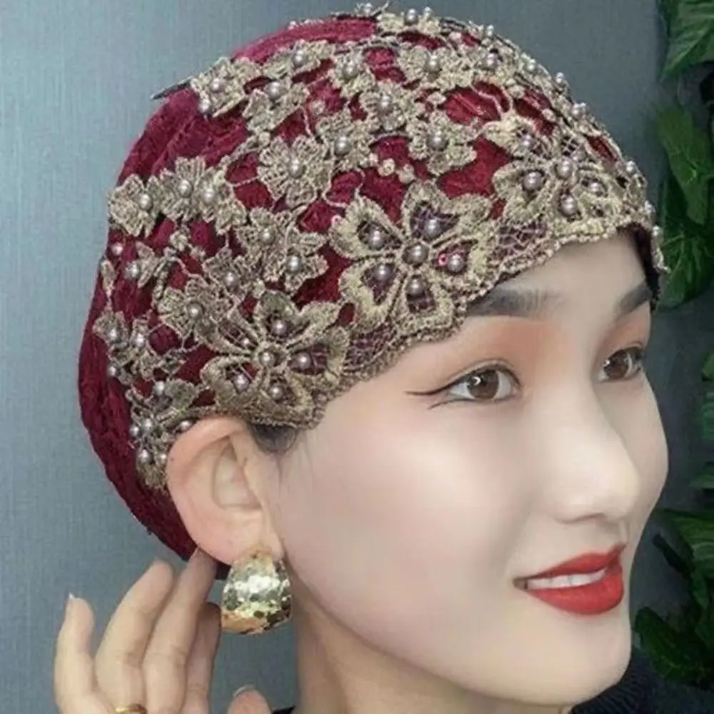 

Nylon Turban Hat Women's Hijabs 7 Colors Embroidery Muslim Hat India Caps Women
