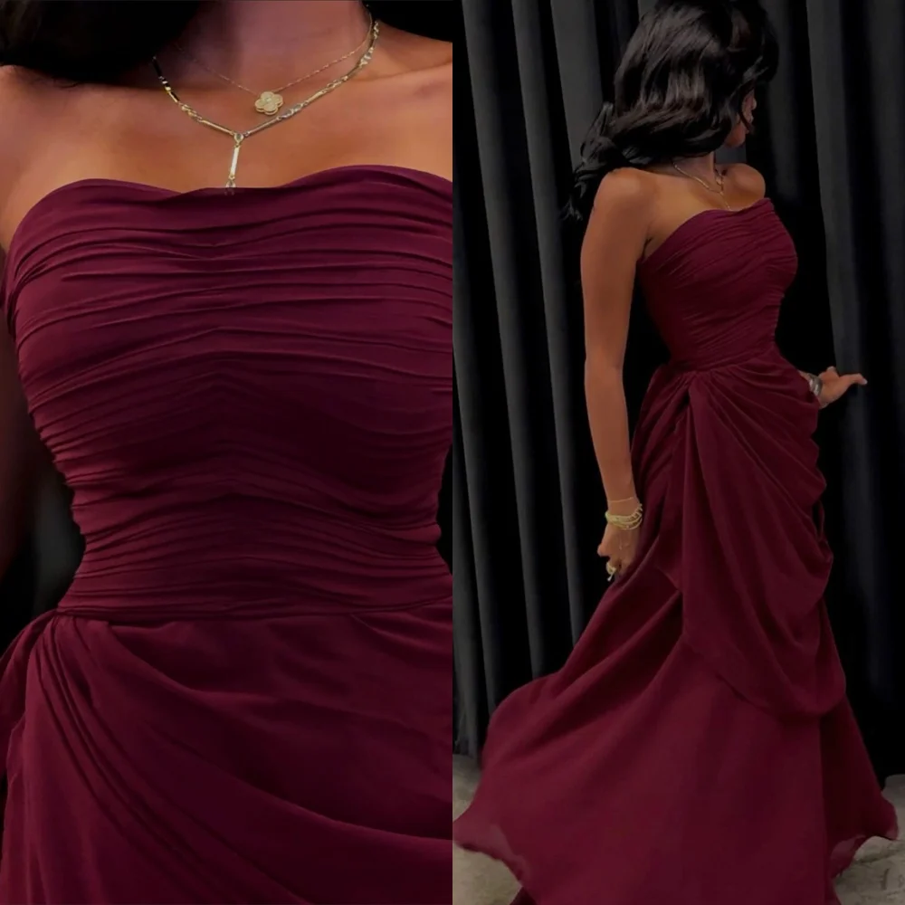 

Customized Soft Burgundy Chiffon Evening Dress Exquisite Strapless Homecoming Dresses Modern Sweep Train Special Occasion Gowns