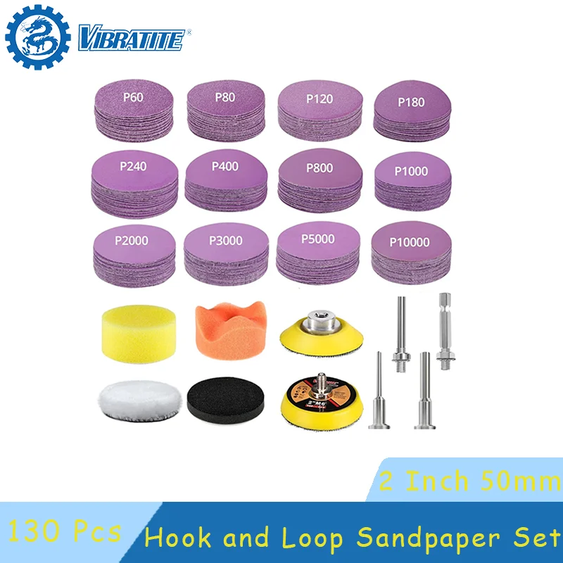 

2-дюймовый фиолетовый набор наждачной бумаги на липучке, 130 шт., 50 мм, с полировальной губкой, шерстяной подушечкой, подкладкой для полировки и шлифования автомобиля