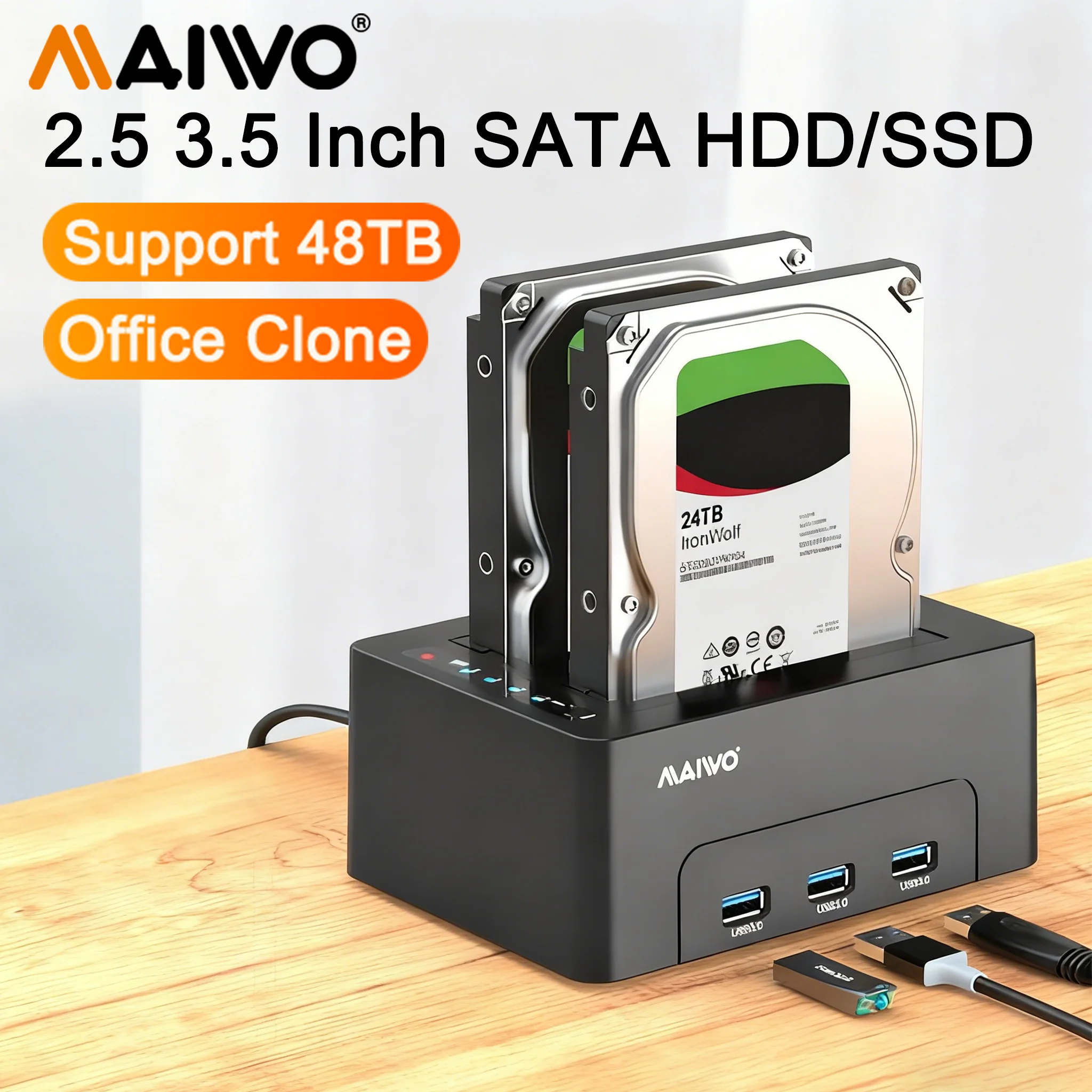 

Жесткий диск MAIWO hdd sata 2.5 3.5 Док-станция с двумя отсеками и автономным клонированным дюймовым SATA HDD SSD, удлинитель концентратора 3X USB 3.0 48 ТБ C
