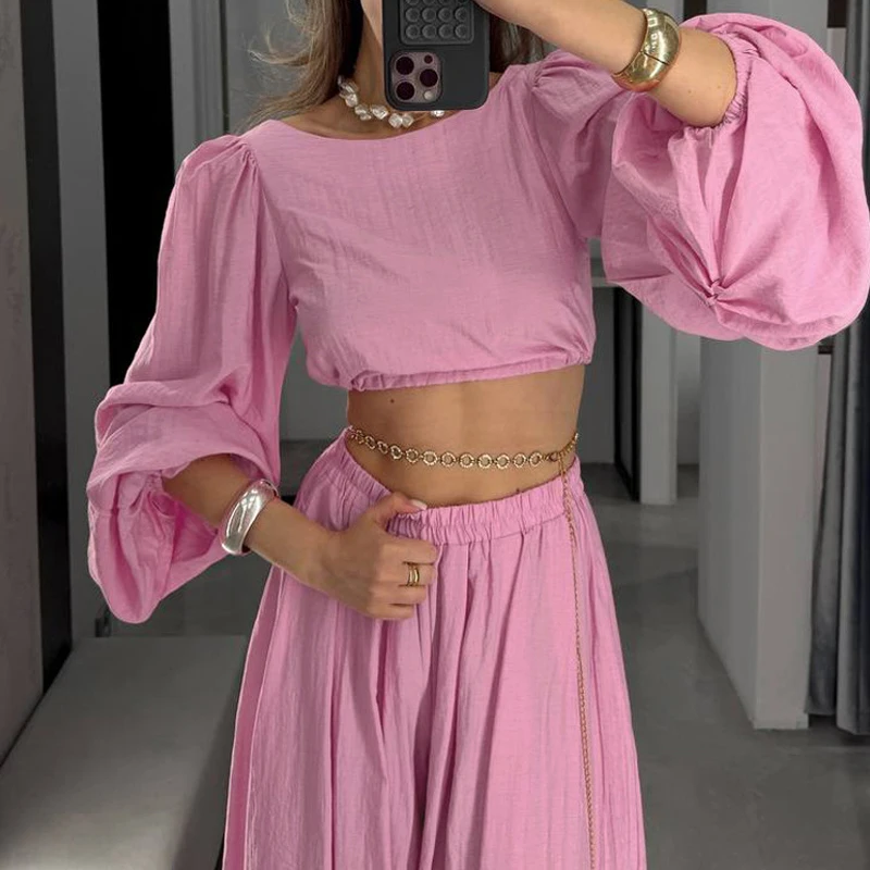 

Spring Lantern Long Sleeve Crop Top & Wide Leg Pants Outfit Women Solid Backless Lace-up Hollow Set 2026 Summer Casual 2pcs Suit