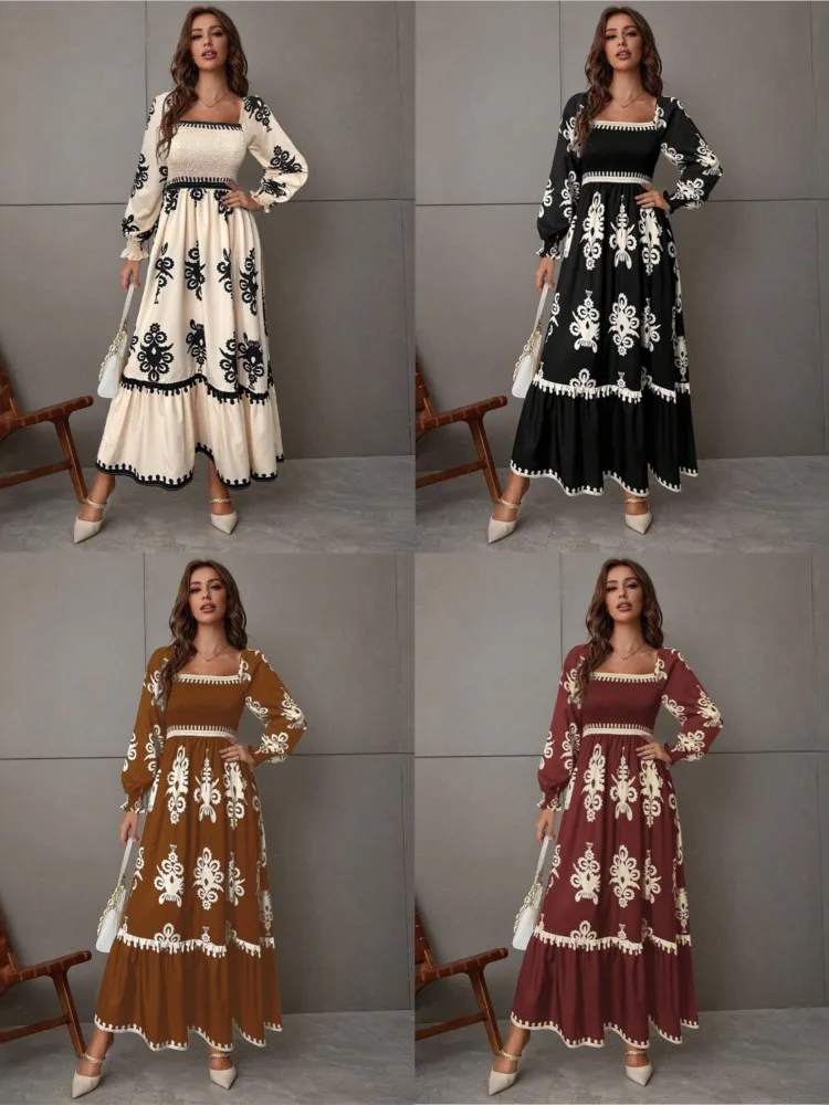 موضة ساحة الرقبة أنيقة عالية الخصر المرأة فستان بكم طويل الخريف المطبوعة الخصر نمط طويل فساتين الحفلات النسائية 2025