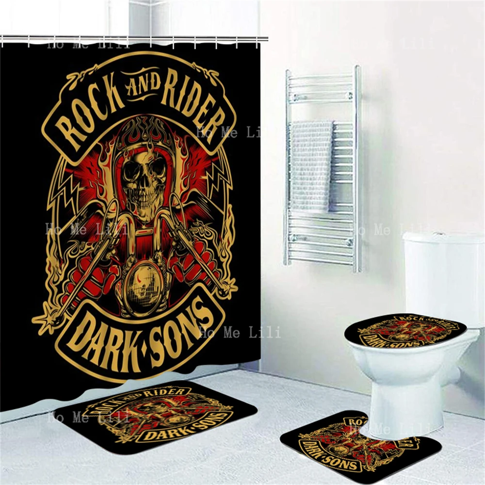 Creative Motorbike Club Logo Rock Rider Skeleton Shower Curtain Sets With Rugs