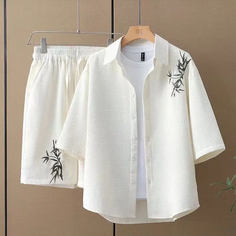 

Men's Summer 2 Piece Set Loose Fit Japanese Style Short Sleeve Shirt Drapey Shorts Bamboo Leaf Embroidery Stylish Trendy​
