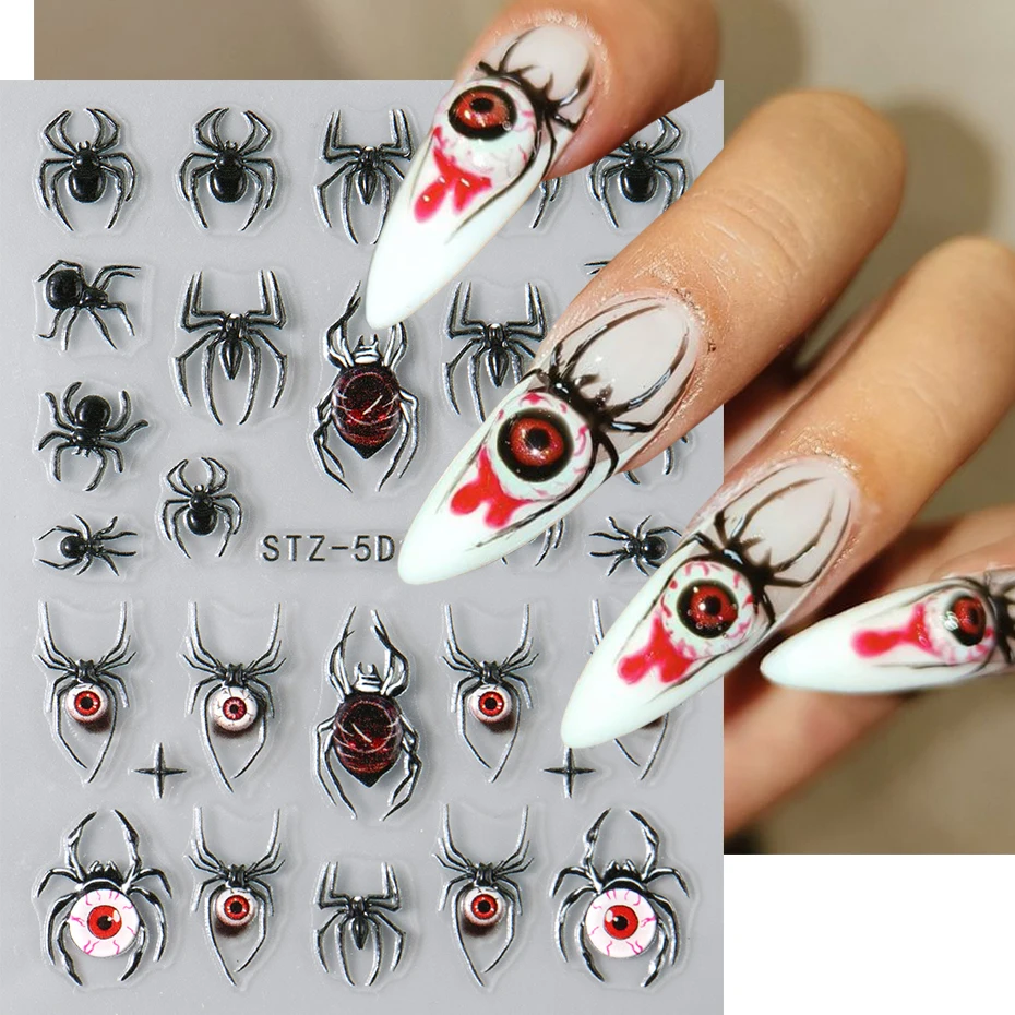 2 قطعة ملصقات العنكبوت ثلاثية الأبعاد مسمار الشارات هالوين العنكبوت الأسود العين مسمار الفن زينة 5D تنقش لاصق المتزلجون تصميم مانيكير