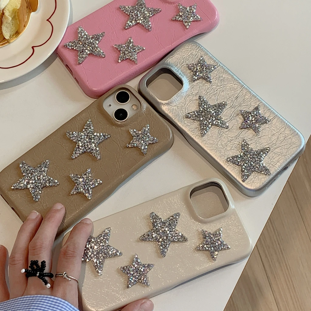 Bling Bling Glitzer Fünfzackiger Stern Buntes, rissiges, strukturiertes Leder Handyhülle für iPhone 16, 15, 14, 13, 12, 11 Pro Max