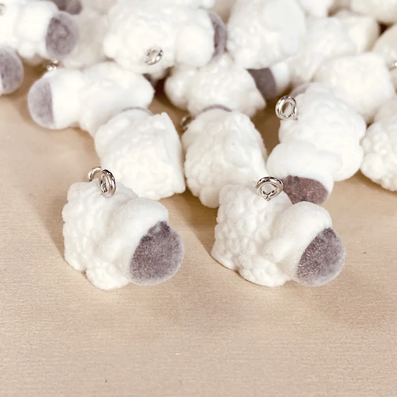 30pcs Flocked Sheep Resin Charms Bulk Wholesale Miniature Fluffy Doll Pendants For Earring Small Keychain Necklace Jewelry Charm