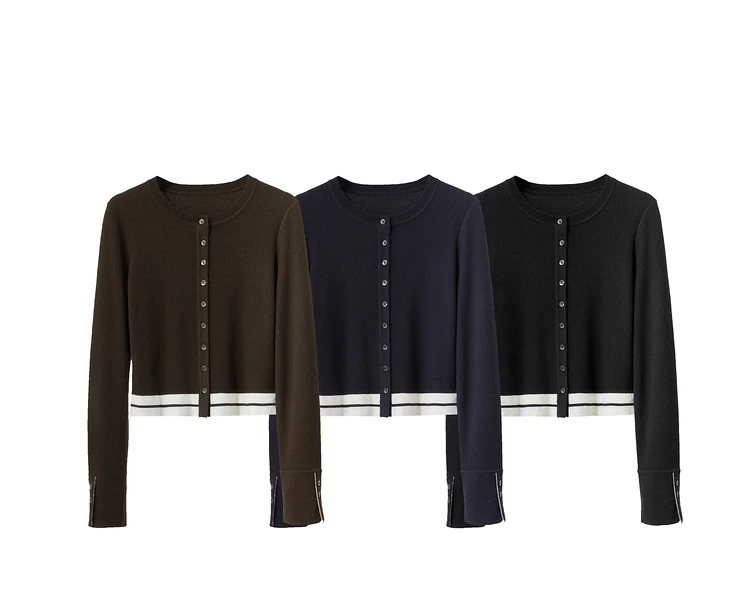 Amii Minimalism 2026 Strickjacke für Damen Herbst Neu Pendler O-Ausschnitt Gespleißte Kurze Wollstreifen Schlanke Langarm-Oberteile 12443022 – Detail 12