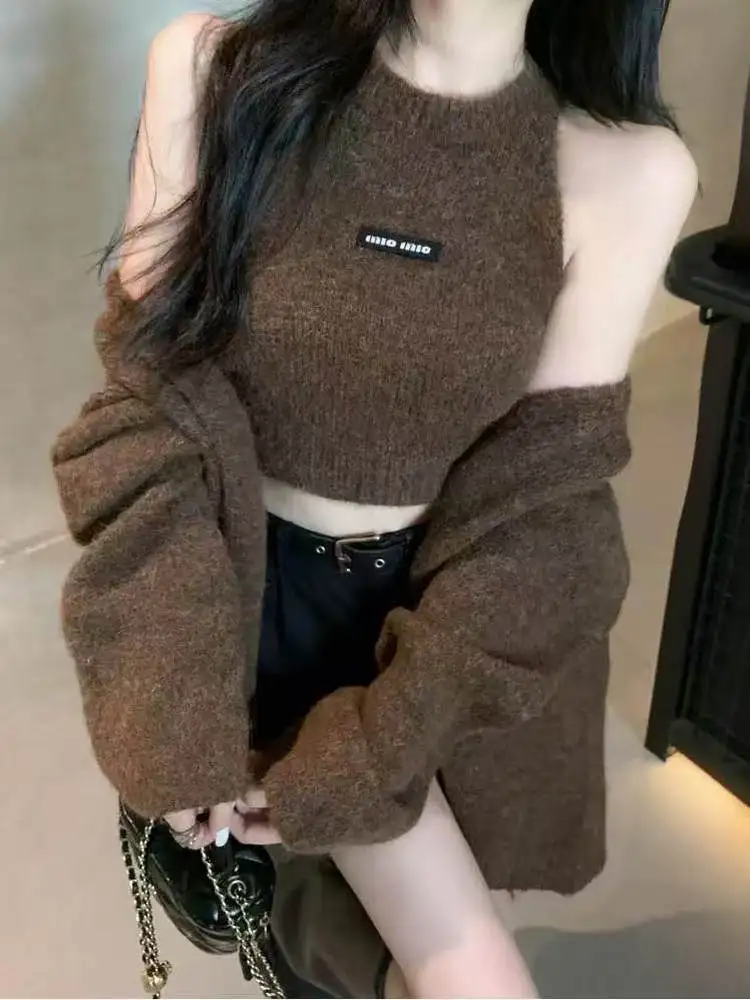 

Шикарный длинный свитер Lazy Sle, женский осенне-зимний мягкий уютный комплект из двух предметов, трикотажная одежда с v-образным вырезом, удобная свободная посадка