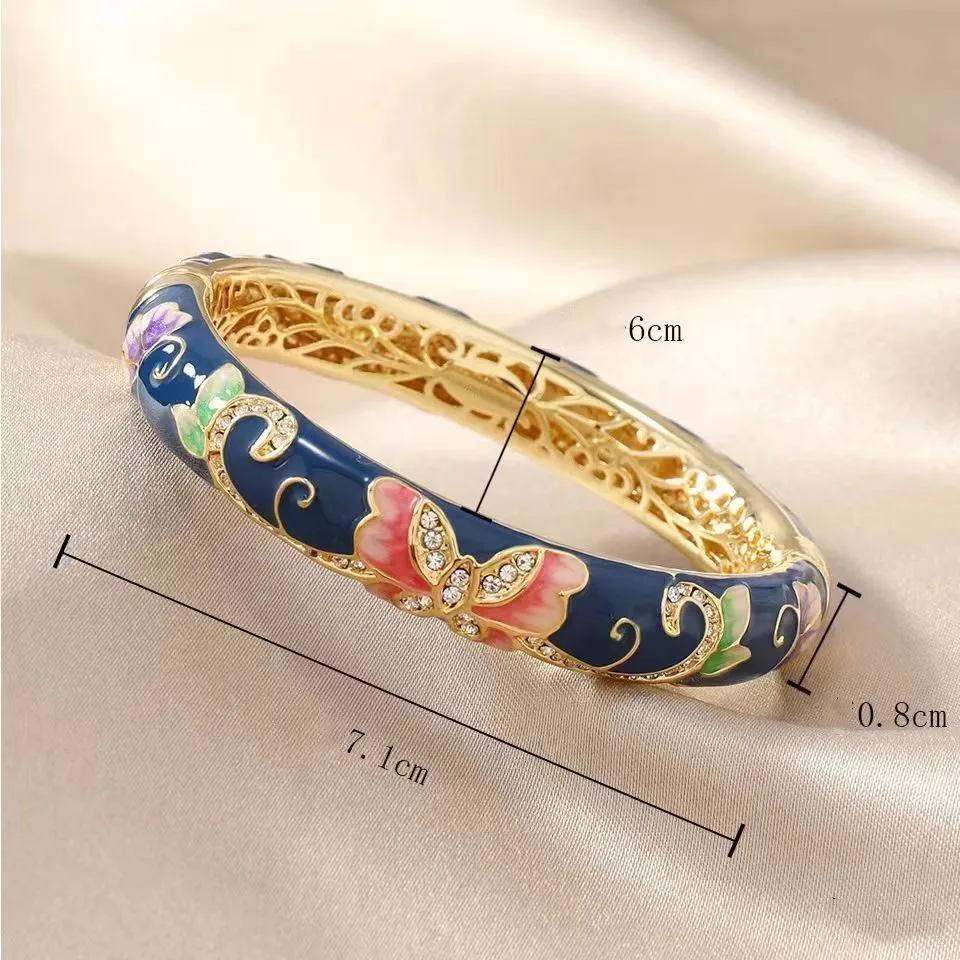 

Multicolor Butterfly Rhinestone Bracelets For Women Chinese Cloisonne Enamel Ethnic Spring Hinged Cuff Bangles