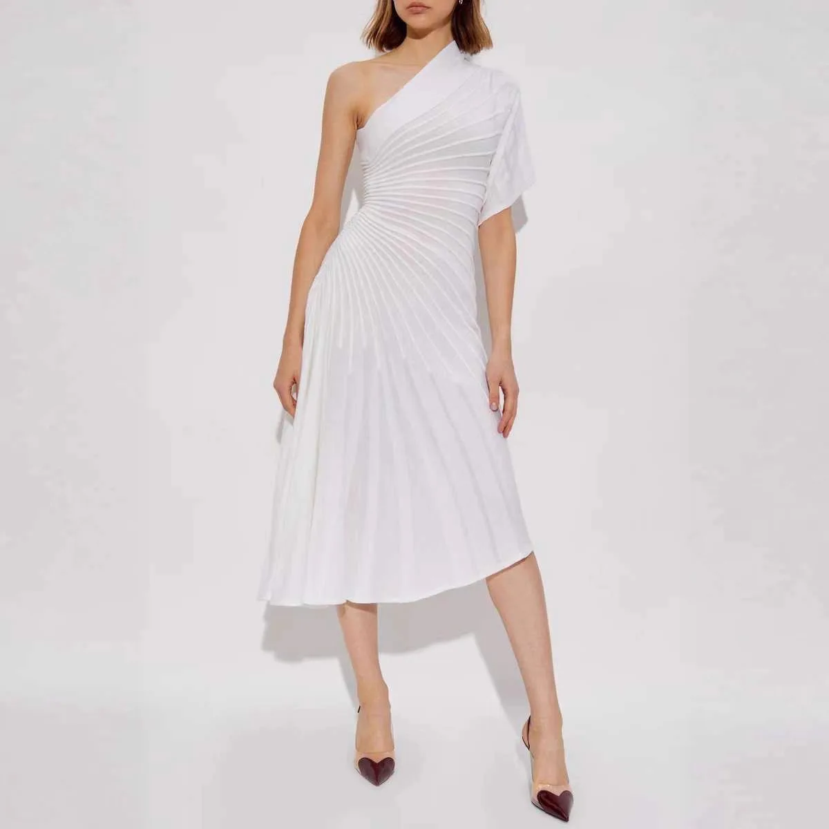 

Платье с открытыми плечами, расклешенными рукавами, из 3D-твила, с асимметричным трикотажным узором, приталенное, с эффектом стройности, плиссированной юбкой-карандаш, женское платье-бодикон.