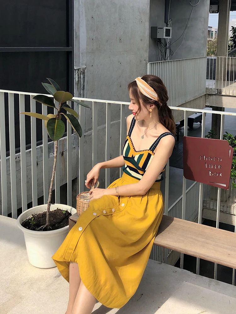 

High Waist A-Line Midi Skirt Summer 2023 Ele Beachwear Women's Faion Slimming Skirt Vintage Sle Polyester Fabric