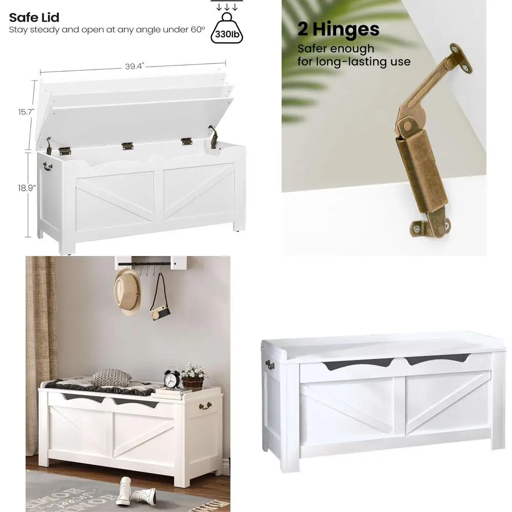 صندوق تخزين خشبي كبير جدًا مع سطح رفع، مقعد أحذية أبيض للمدخل وغرفة النوم وغرفة المعيشة - SB04503X #1