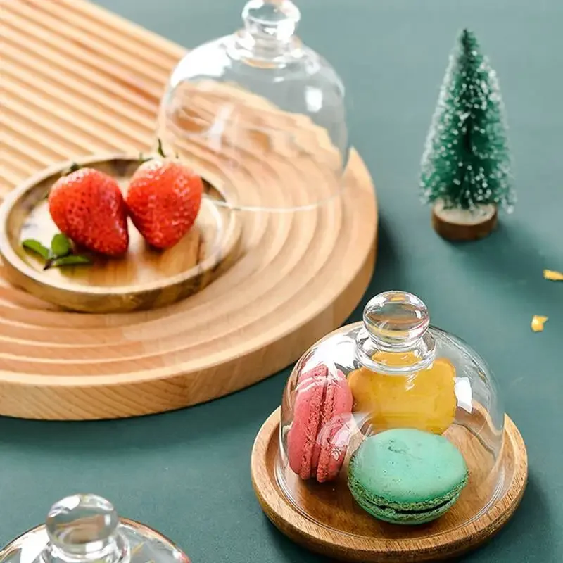 Wooden Cake Plate Food Serving Trays with Glass Cover Dessert Plate Dessert Cup Mousse Tray Fruit Snack Tray Home Decor