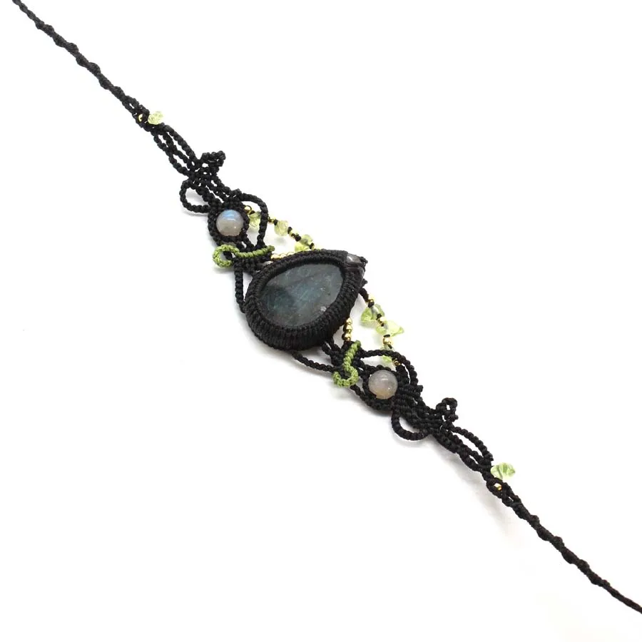 مضفر مكرميه اللابرادوريت حجر قلادة قلادة للنساء حجر الطيف الطبيعي اليدوية حبل ملفوفة نسج سلسلة مجوهرات #6