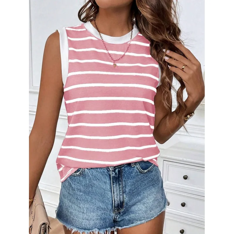 

Women's Summer Casual Round Neck Black & White Striped Top Graphic Tees Women Tops