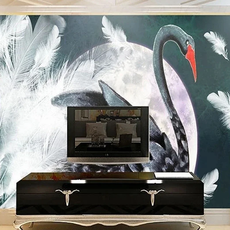Modern Custom 3D Photo Mural Black Swan Feather Moon Wallpaper for Bedroom Living Room TV Wall Mural Canvas Creative Home Decor