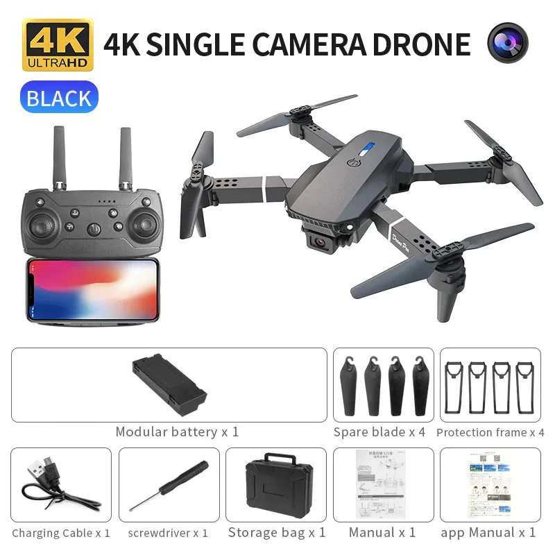 طائرة بدون طيار 2025 E88 Pro WiFi FPV - كاميرا مفردة/مزدوجة 4K/1080P، زاوية واسعة عالية الدقة، عقد الارتفاع، لعبة هليكوبتر كوادكوبتر RC قابلة للطي